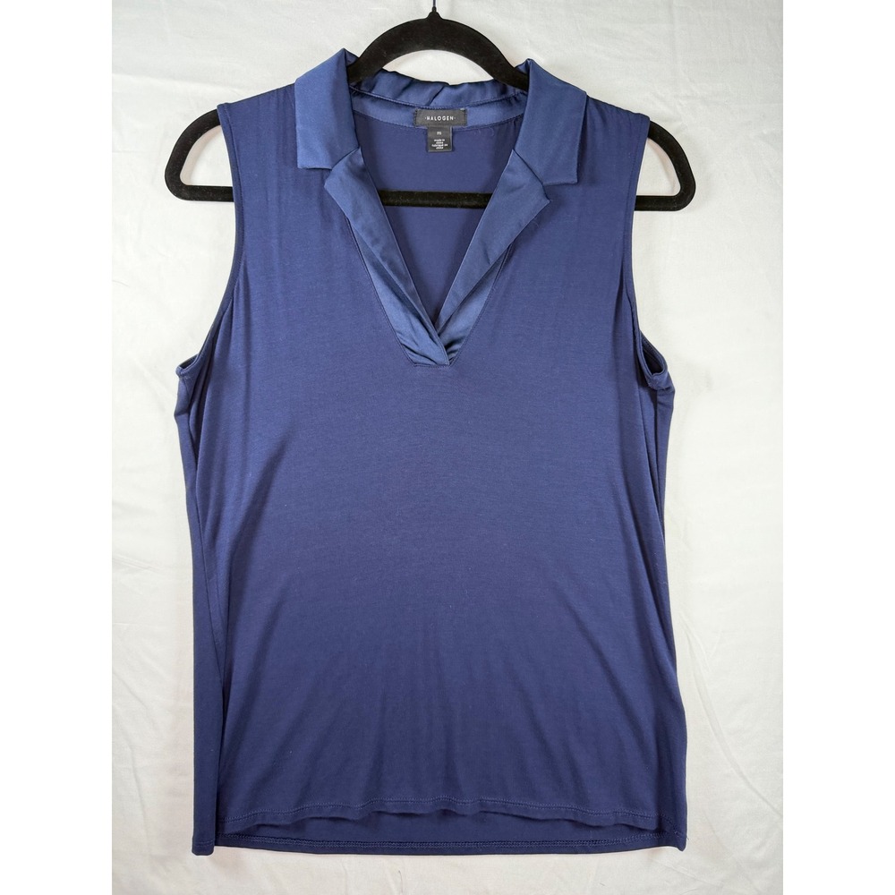 Halogen Womens Navy Blue Sleeveless Satin Trim V-Neck‎ Knit Shell Top Size M